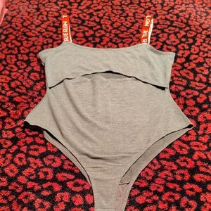 True Religion Gray Bodysuit with Red Branded Straps